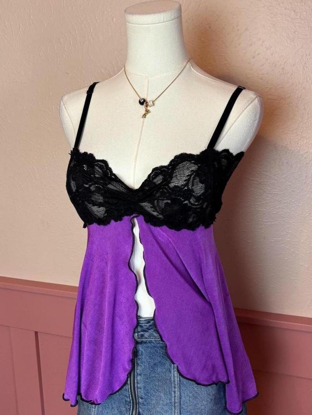 Shirley of Hollywood 2000s lace ruffle open front top purple black y2k femme